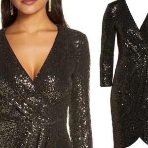 Black and gold sequined faux wrap Eliza J dress